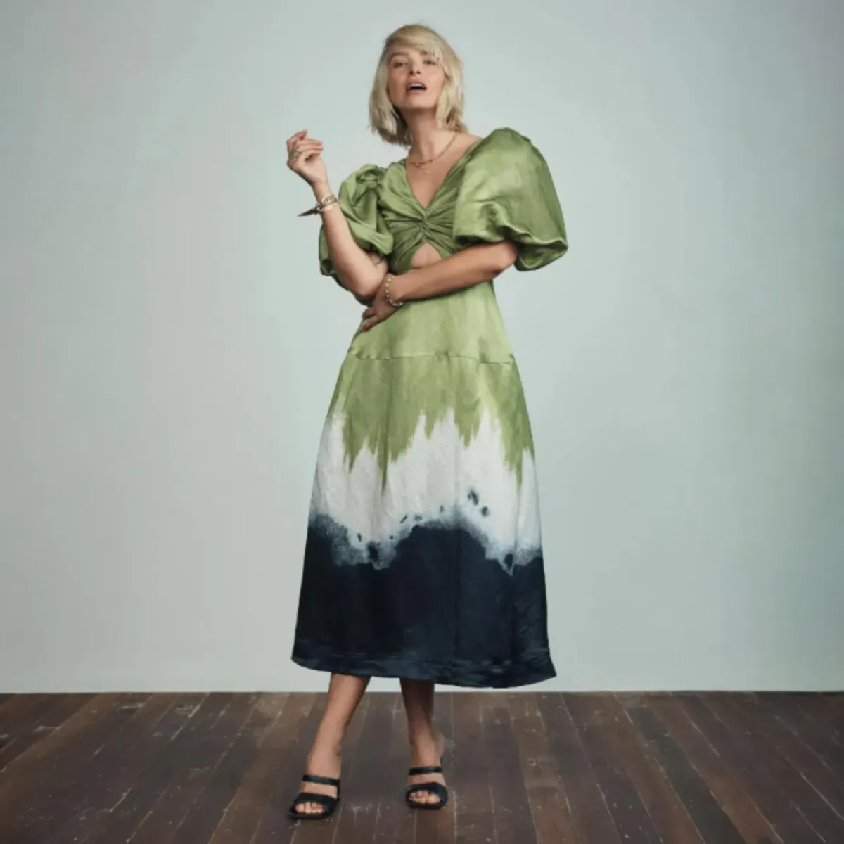 AJE Arcadian Puff Sleeve Knot Midi Dress Multi Size AU 6 for rent on The Volte - main image