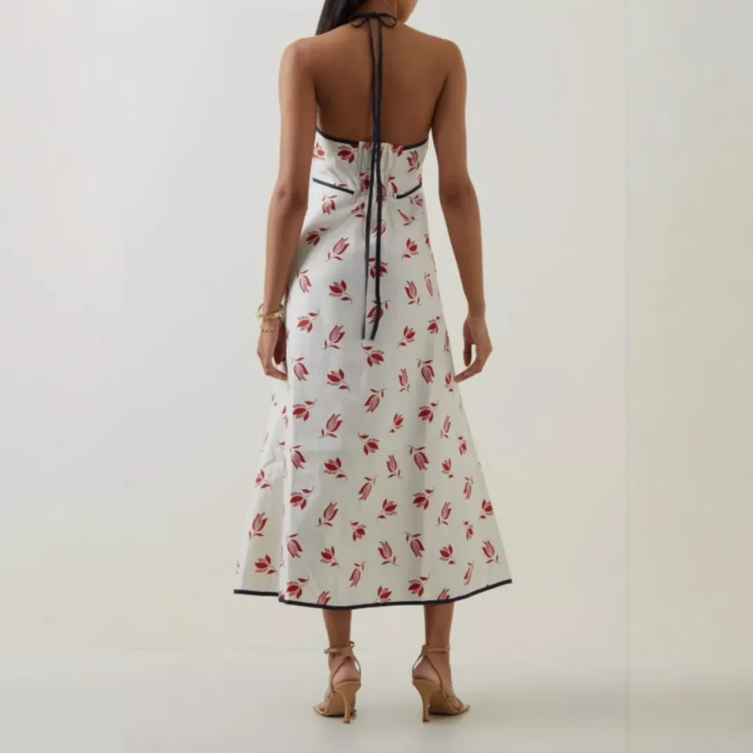 OROTON Dutch Tulip Halter Low Back Linen Midi Dress Ecru Size AU 14 for rent on The Volte - main image