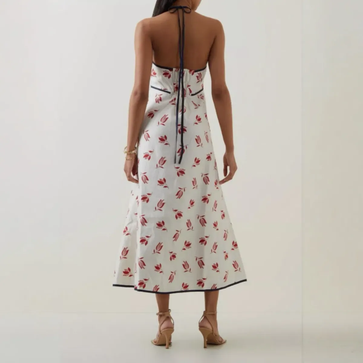 OROTON Dutch Tulip Halter Low Back Linen Midi Dress Ecru Size AU 14 - Image 2