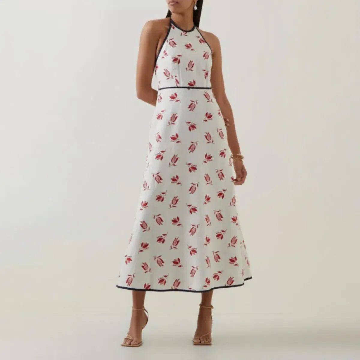 OROTON Dutch Tulip Halter Low Back Linen Midi Dress Ecru Size AU 14 - Image 1
