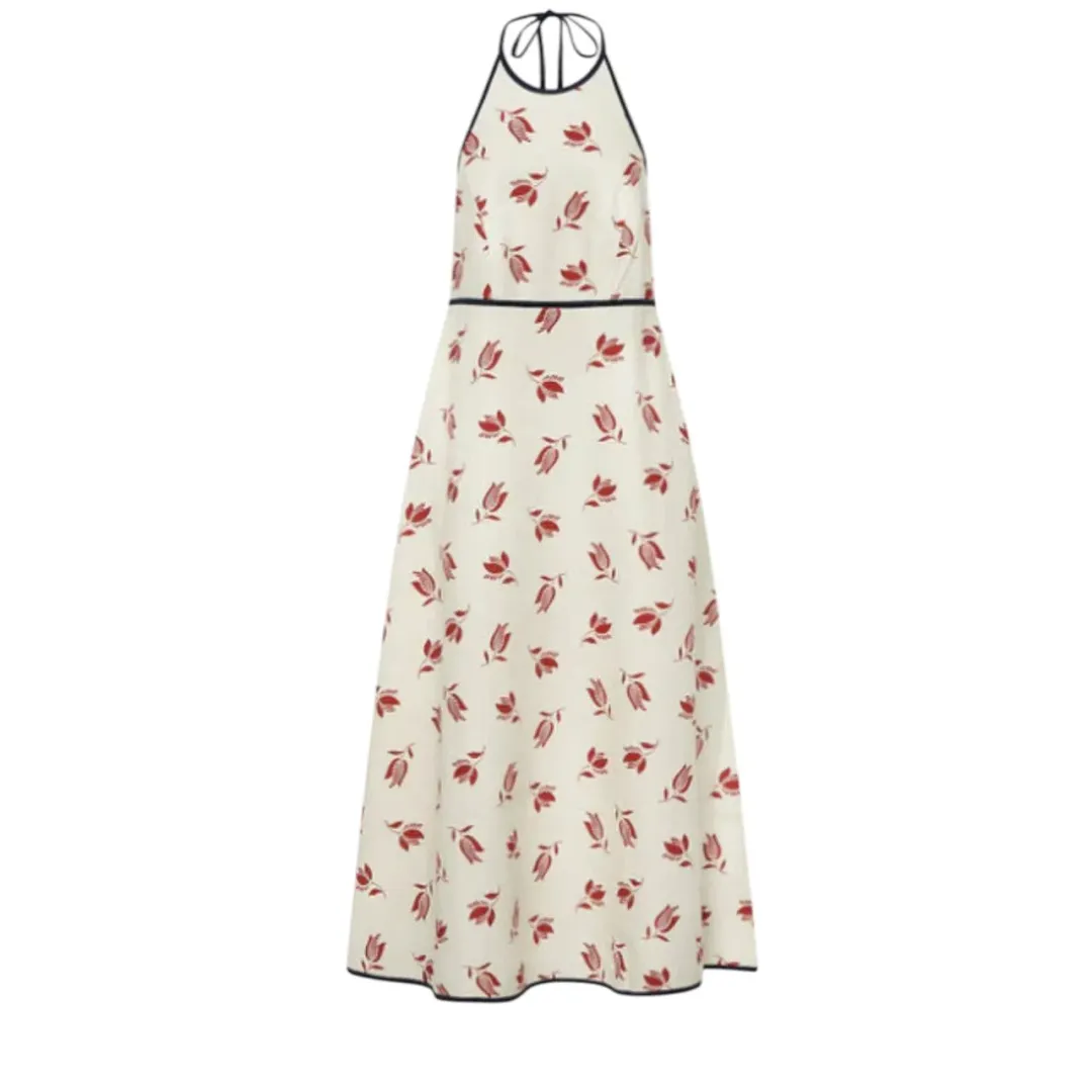 OROTON Dutch Tulip Halter Low Back Linen Midi Dress Ecru Size AU 14 for rent on The Volte - main image