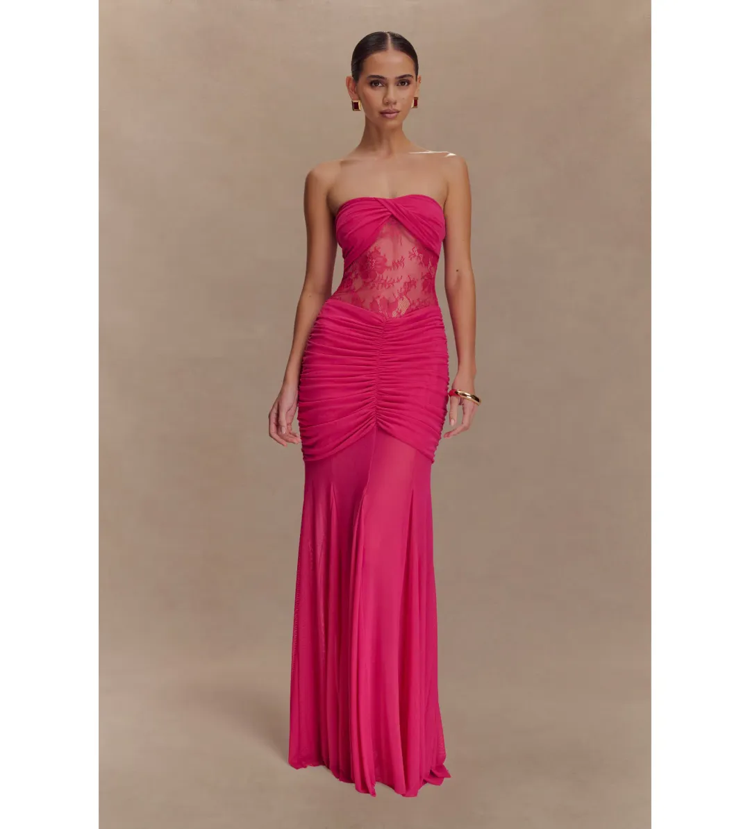 Meshki Khadijah Lace And Mesh Maxi Dress in Dragonfruit Size S / AU 8 for rent on The Volte - main image