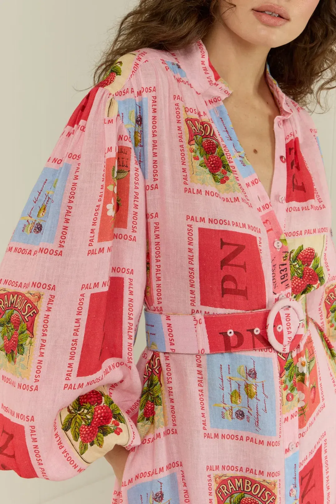 Palm Noosa Noddy Shirt Maxi Dress in Strawberry Stamp Print Size AU 10 for rent on The Volte - main image