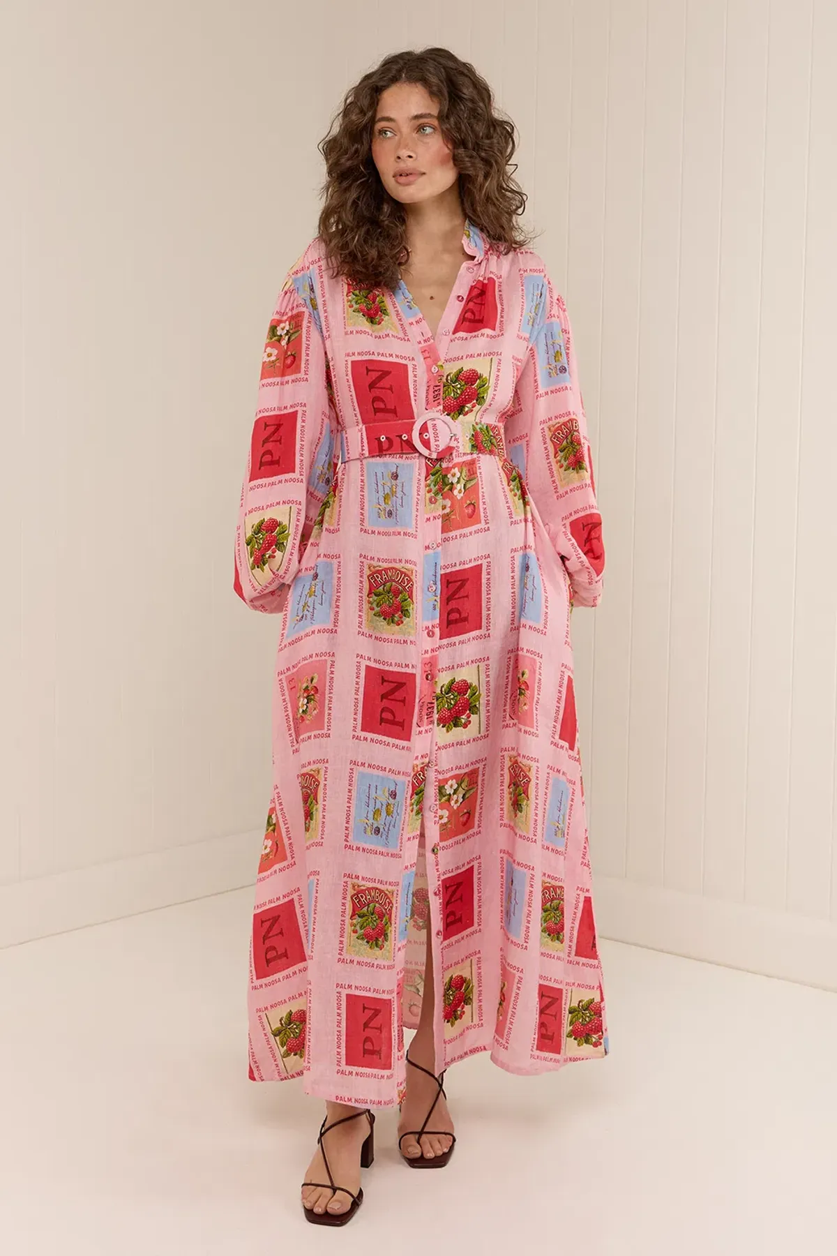 Palm Noosa Noddy Shirt Maxi Dress in Strawberry Stamp Print Size AU 10 for rent on The Volte - main image