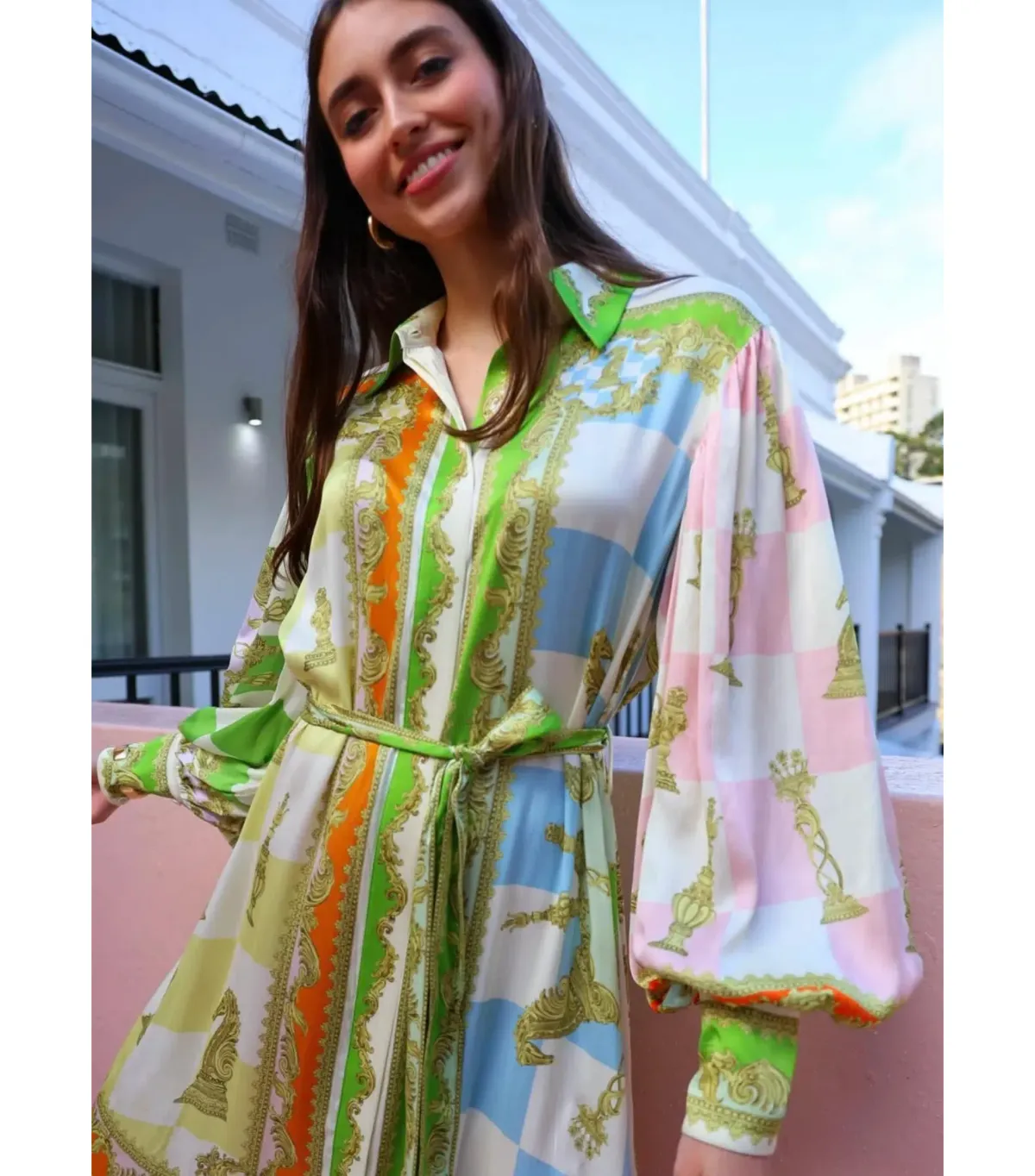 Alemais Checkmate Silk Midi Shirtdress Multi Print Size AU 14 - Image 2