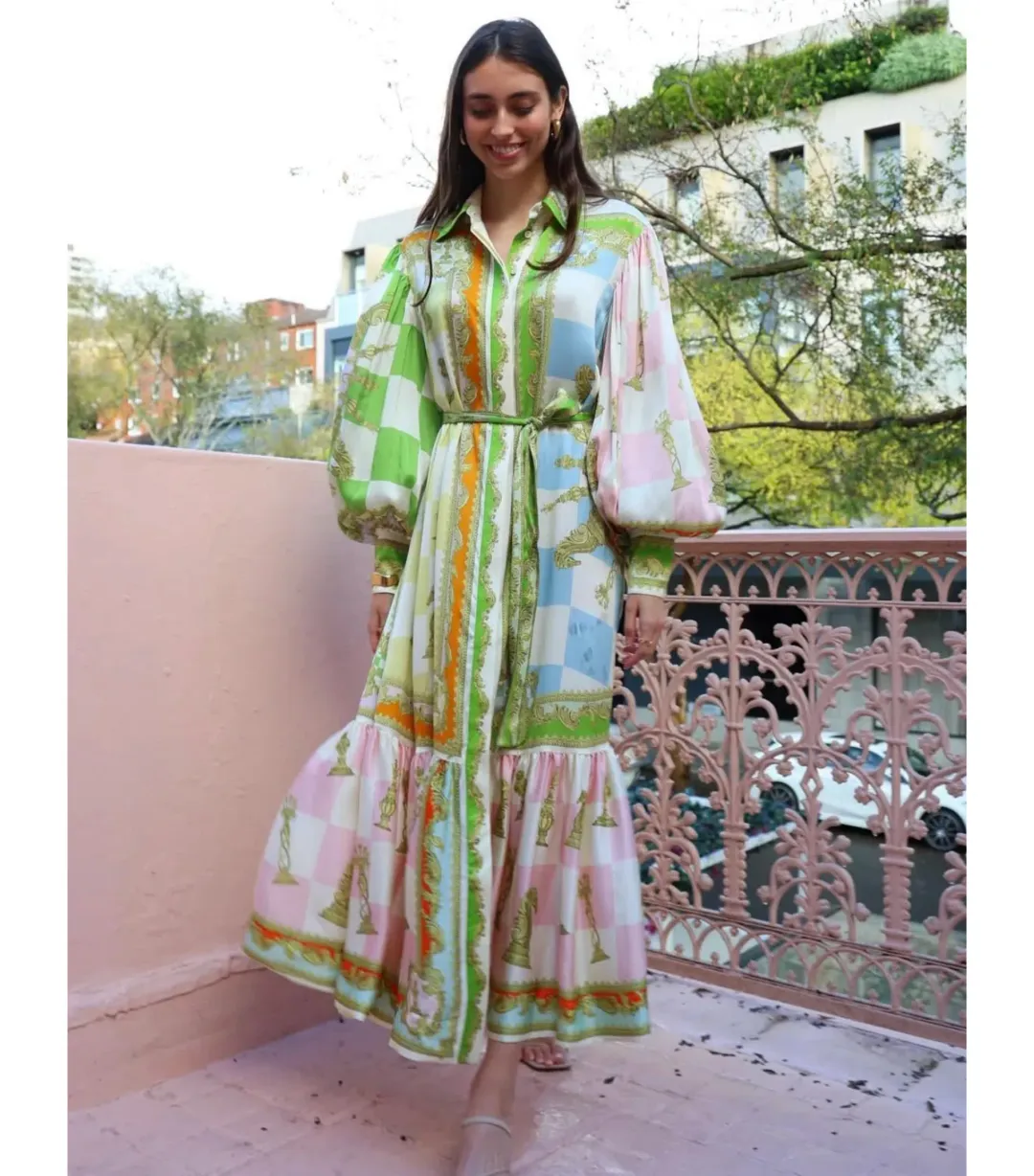 Alemais Checkmate Silk Midi Shirtdress Multi Print Size AU 14 for rent on The Volte - main image
