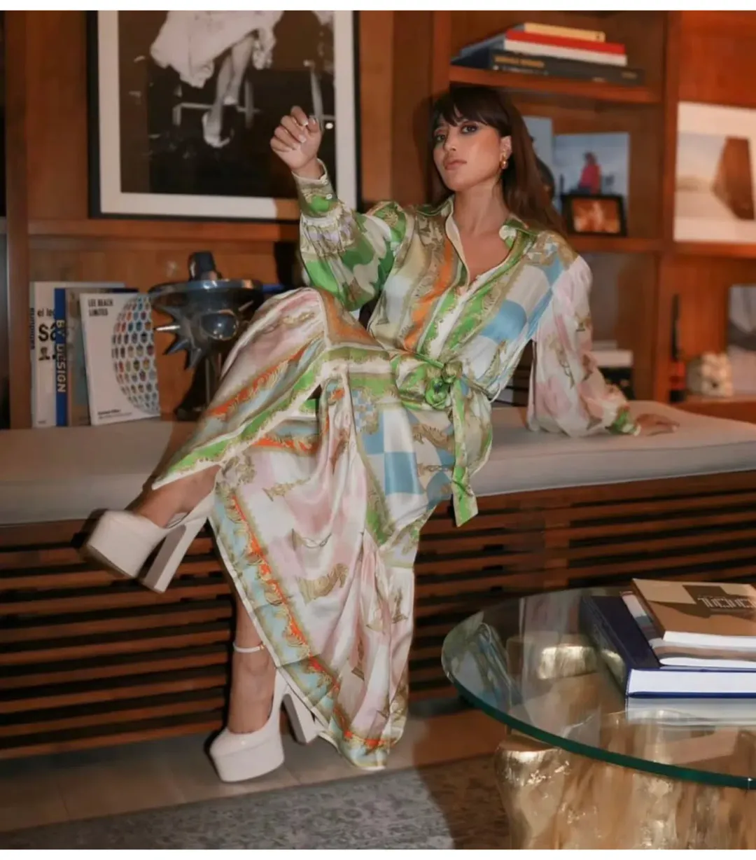 Alemais Checkmate Silk Midi Shirtdress Multi Print Size AU 14 for rent on The Volte - main image