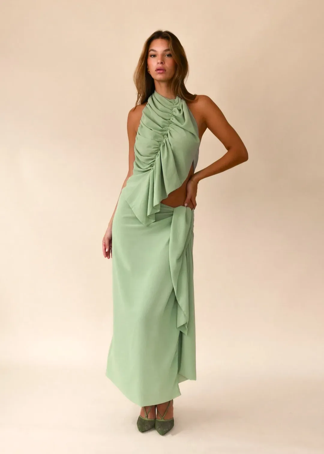 Koster Kulture Bobbies Halter Top and Maxi Skirt Set in Pistachio Size S / AU 8 for rent on The Volte - main image