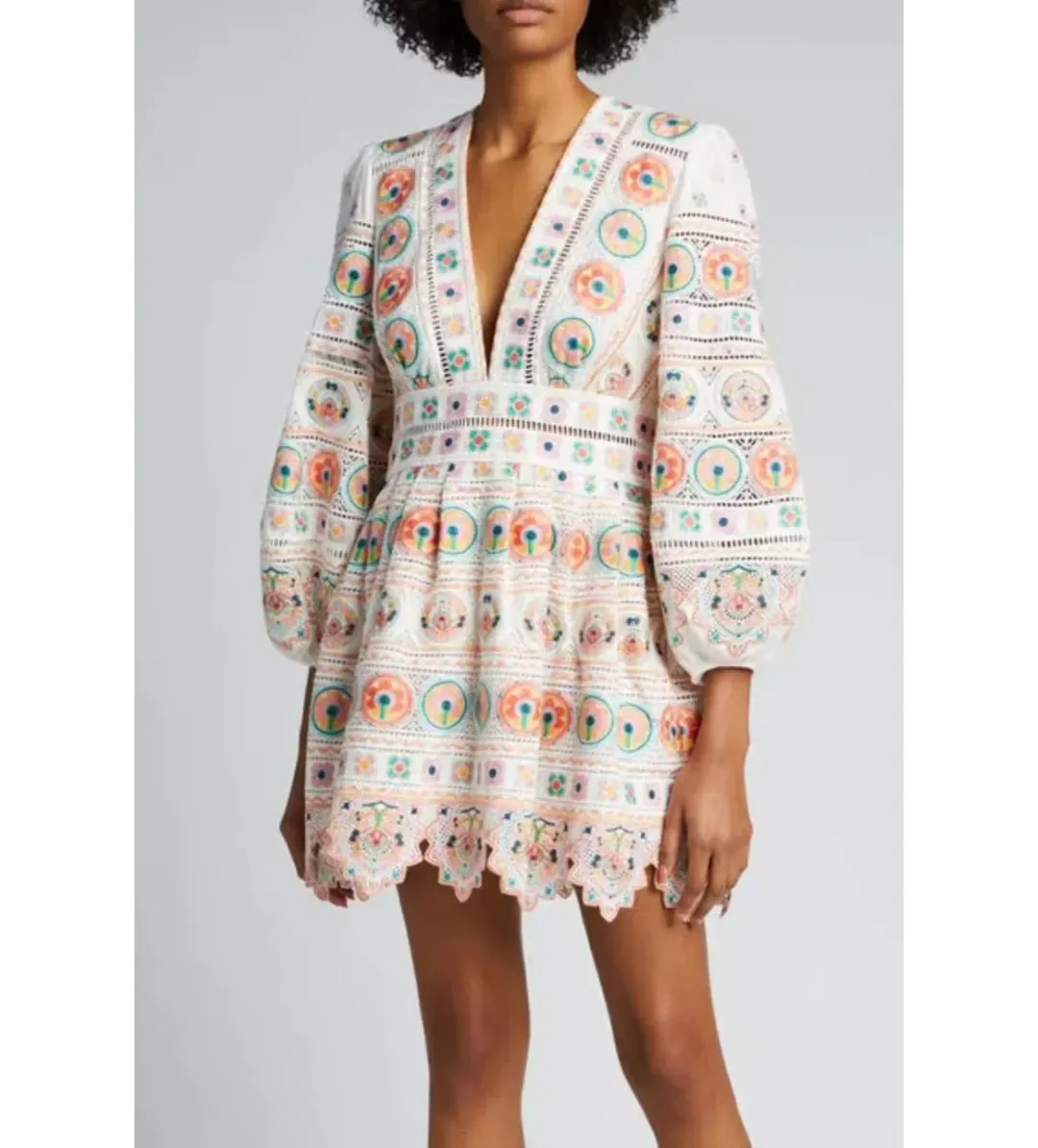 Zimmermann Brighton Plunge Embroidered Floral Mini Dress in Multi Size 0/ 8 AU for rent on The Volte - main image