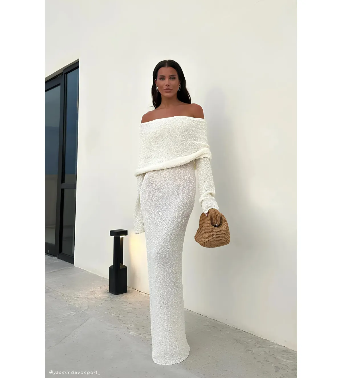 Meshki Marisol Off Shoulder Boucle Maxi Dress in Ivory Size L / AU 12 for rent on The Volte - main image