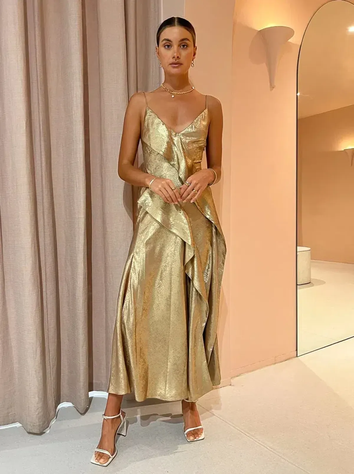 Acler Queensbridge Midi Dress Gold Size 10 for rent on The Volte - main image