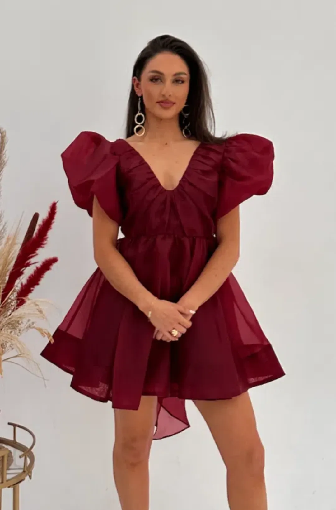 AJE Gretta Bow Back Short Mini Dress Burgundy Size AU 8 for rent on The Volte - main image