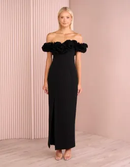 Elle Zeitoune Farley Frill Off Shoulder Maxi Gown Black Size AU 10 for rent on The Volte - image 1