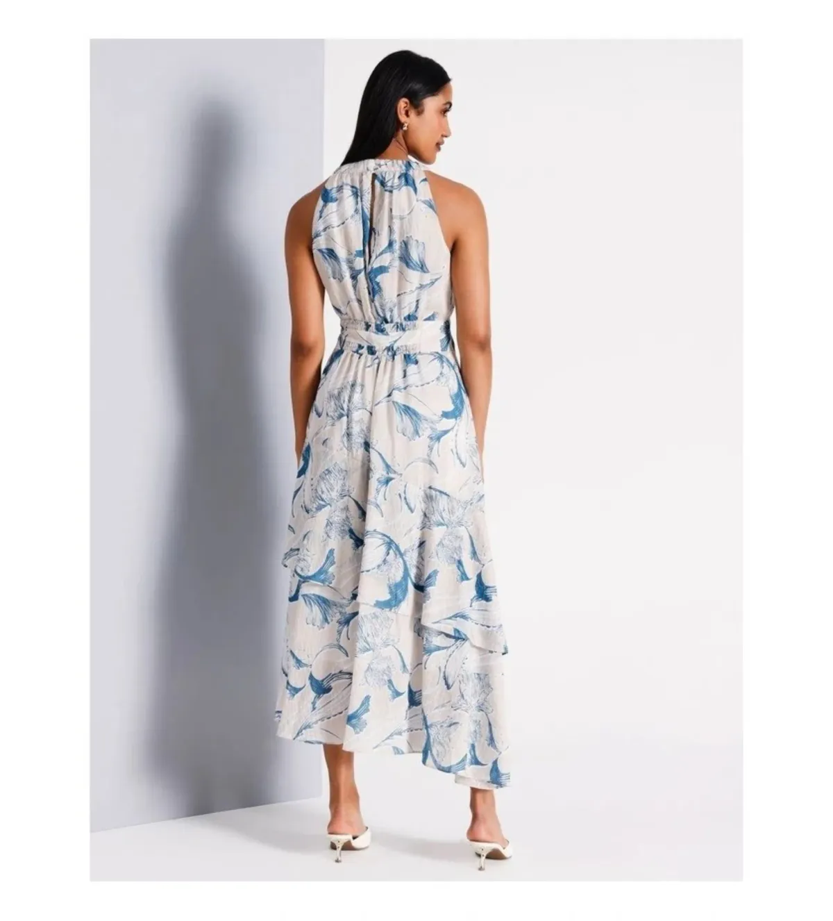 Basque Gathered Neck Asymmetric Midi Dress Abstract Floral Size AU 16 - Image 3