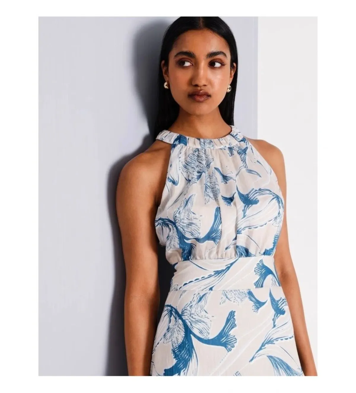 Basque Gathered Neck Asymmetric Midi Dress Abstract Floral Size AU 16 - Image 4