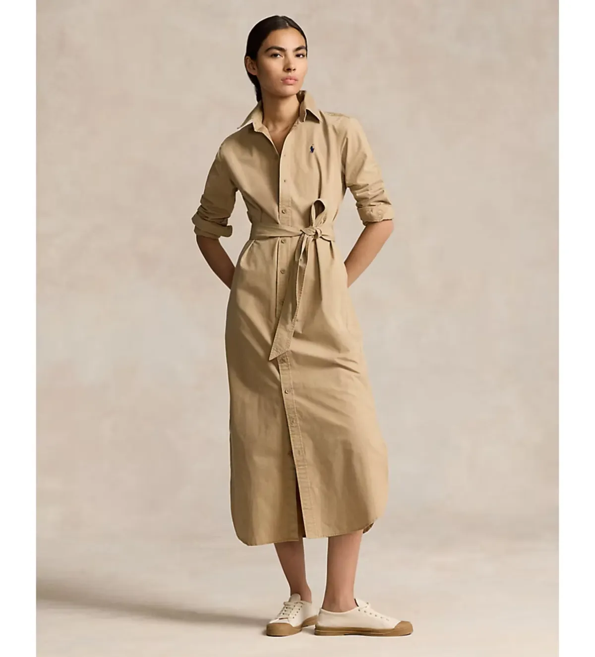 Ralph Lauren Polo Belted Cotton Midi Shirt Dress Beige Size 10 for rent on The Volte - main image