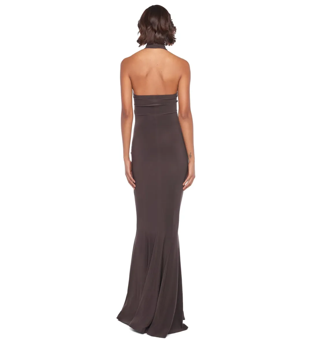 Norma Kamali Halter Turtle Fishtail Gown Chocolate Size AU 8 for rent on The Volte - main image