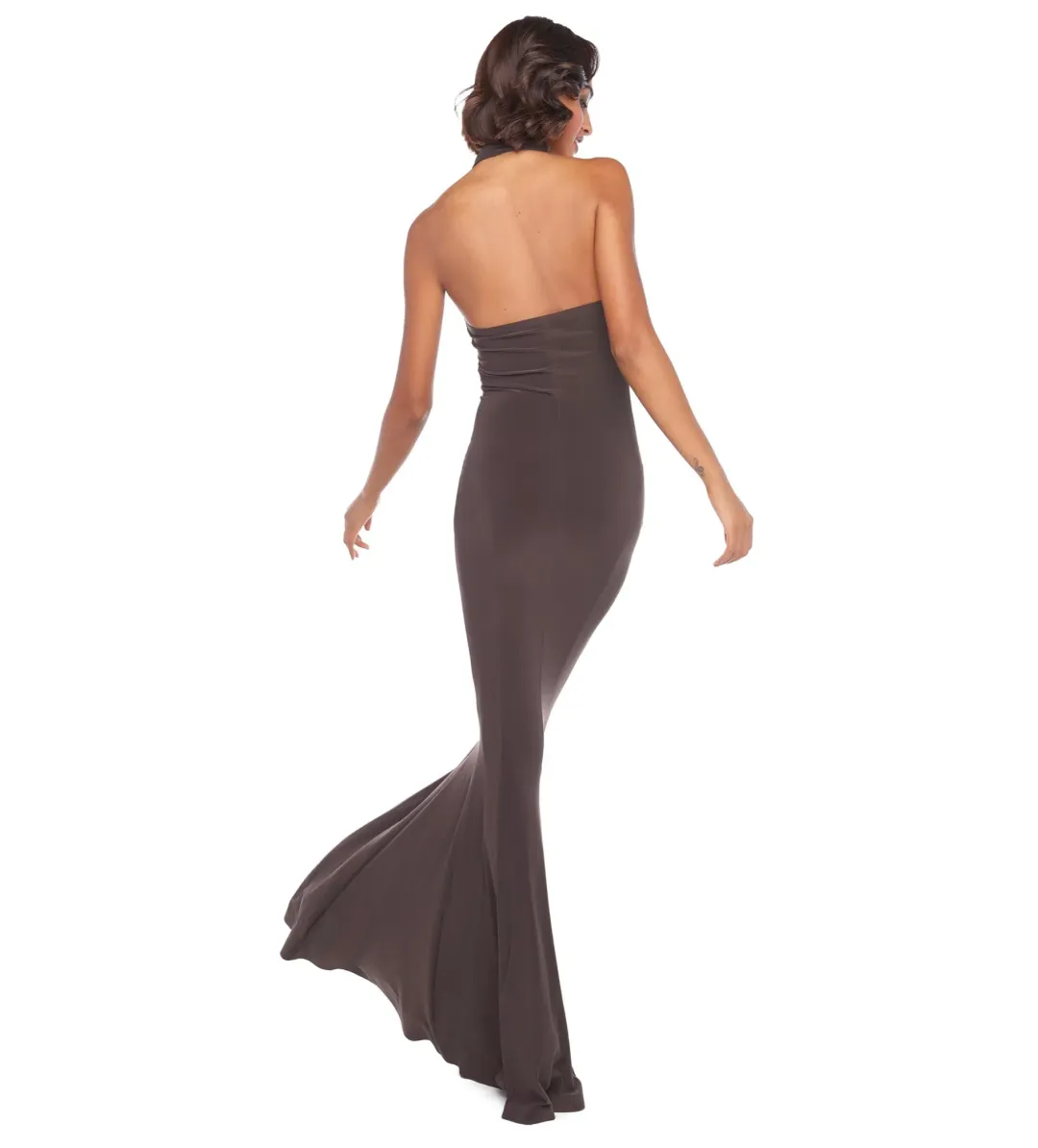 Norma Kamali Halter Turtle Fishtail Gown Chocolate Size AU 8 for rent on The Volte - main image