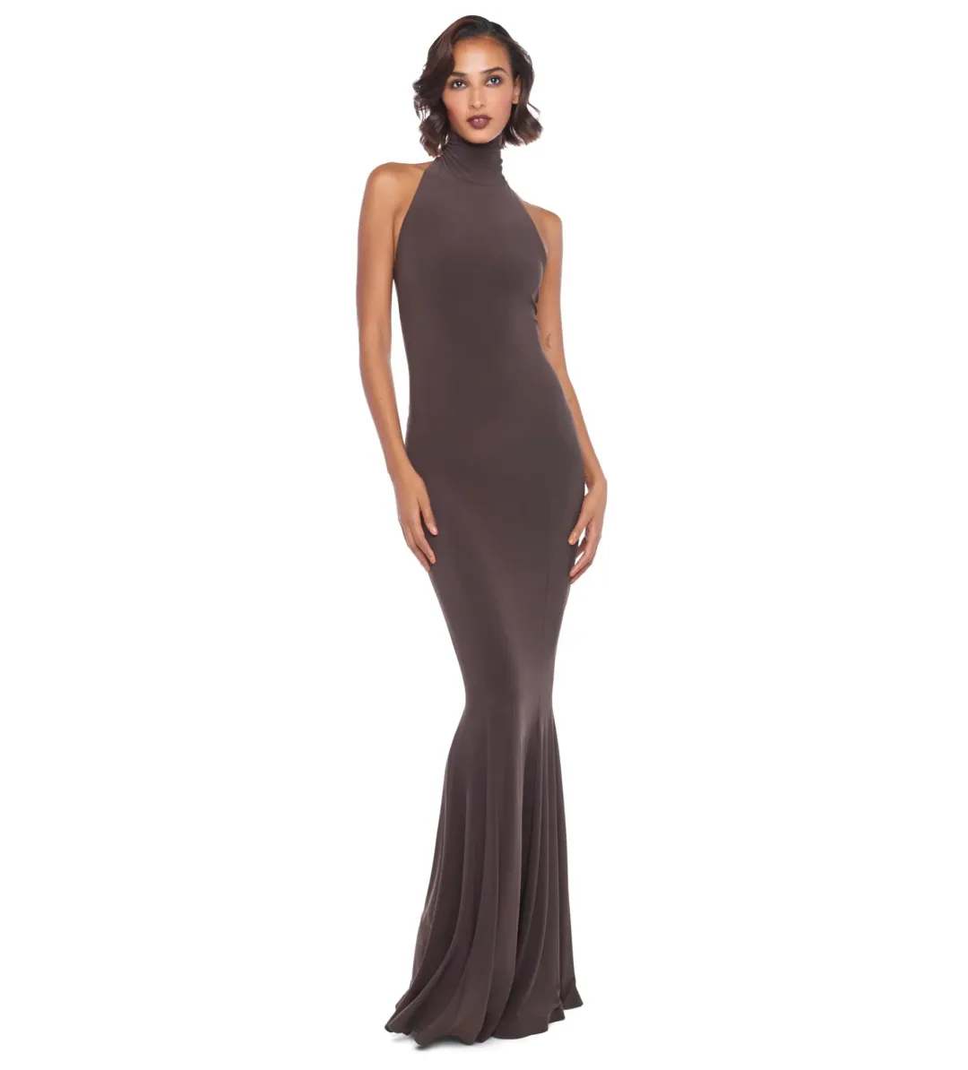 Norma Kamali Halter Turtle Fishtail Gown Chocolate Size AU 8 for rent on The Volte - main image