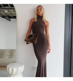 Norma Kamali Halter Turtle Fishtail Gown Chocolate Size AU 8 for rent on The Volte - image 7