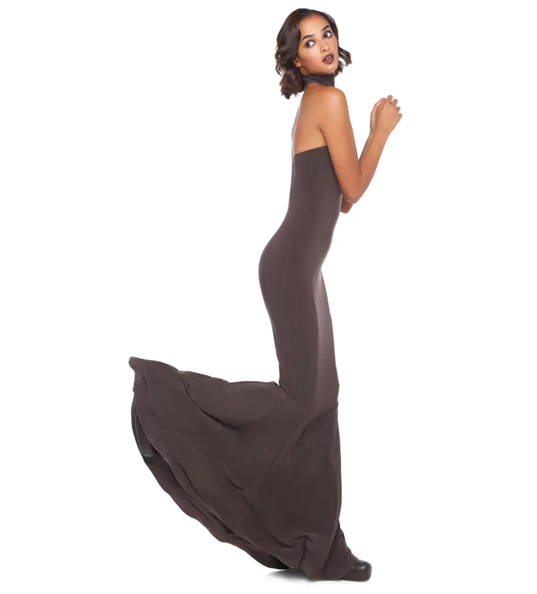 Norma Kamali Halter Turtle Fishtail Gown Chocolate Size AU 8 for rent on The Volte - main image
