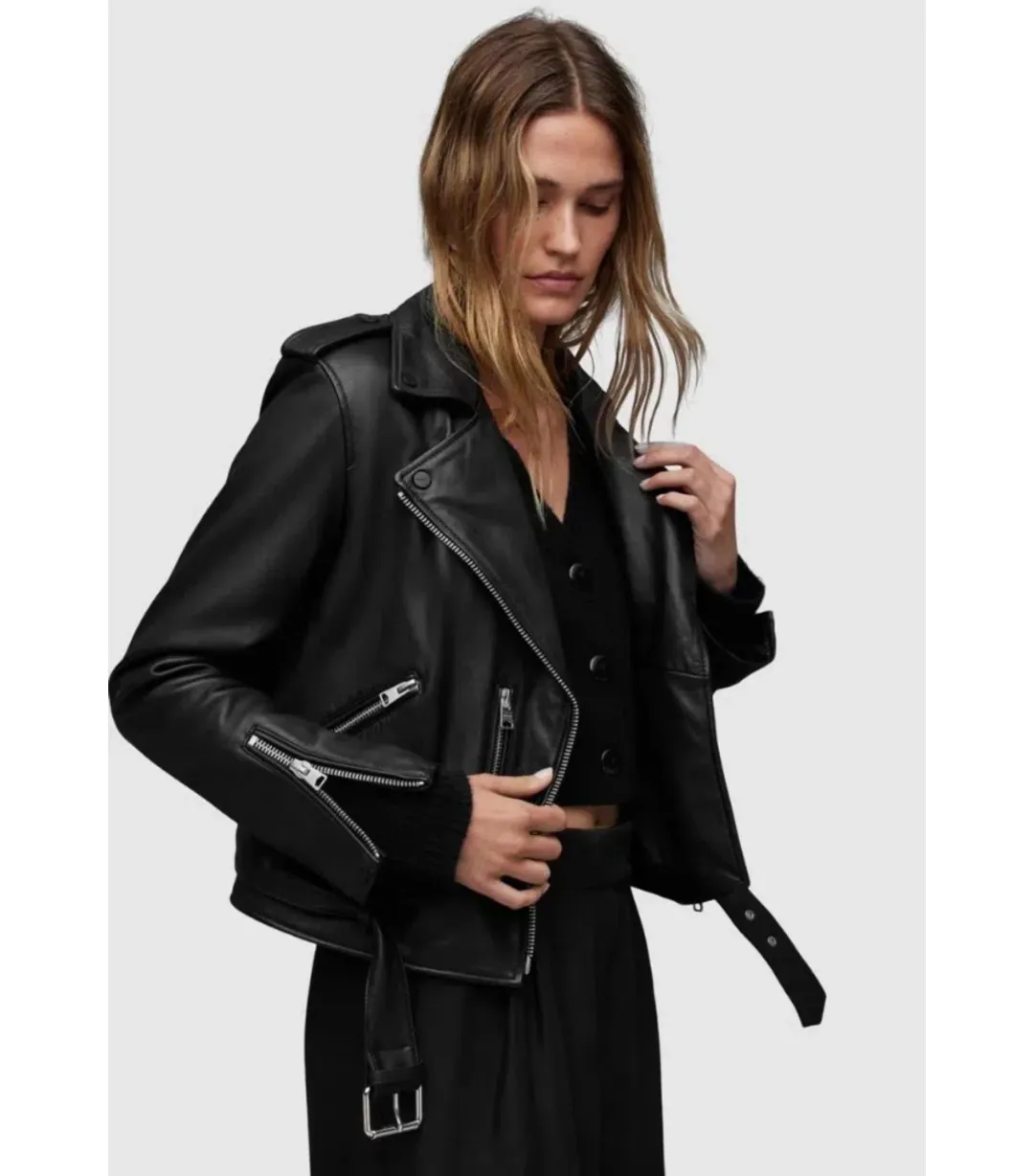 AllSaints Balfern Leather Biker Jacket Black Size AU 8 for rent on The Volte - main image