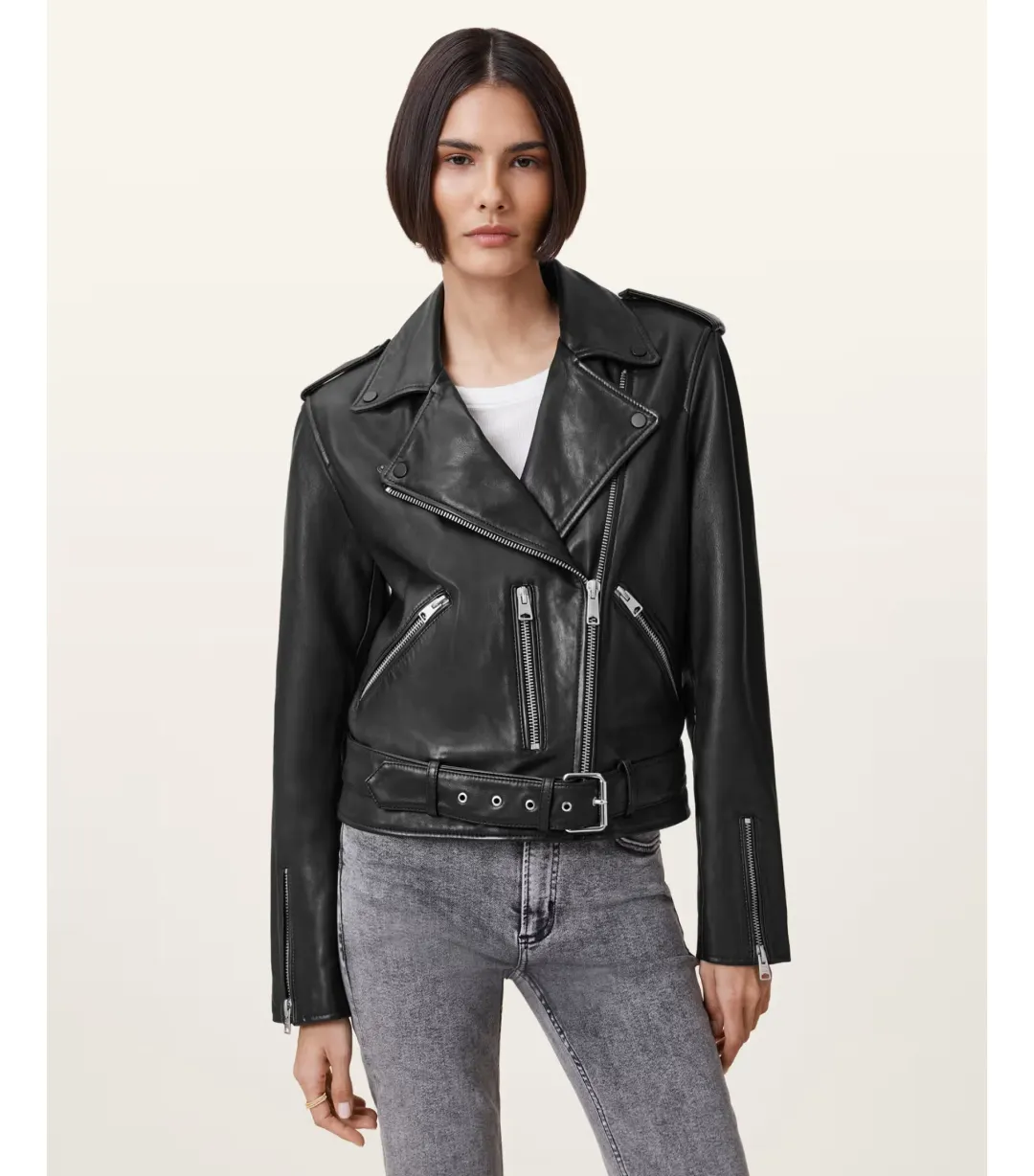 AllSaints Balfern Leather Biker Jacket Black Size AU 8 for rent on The Volte - main image
