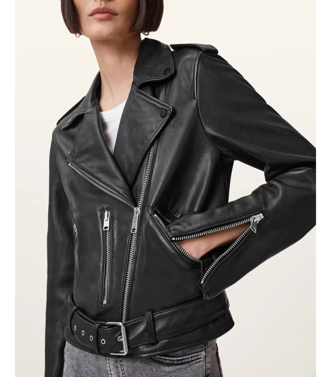 AllSaints Balfern Leather Biker Jacket Black Size AU 8 for rent on The Volte - main image