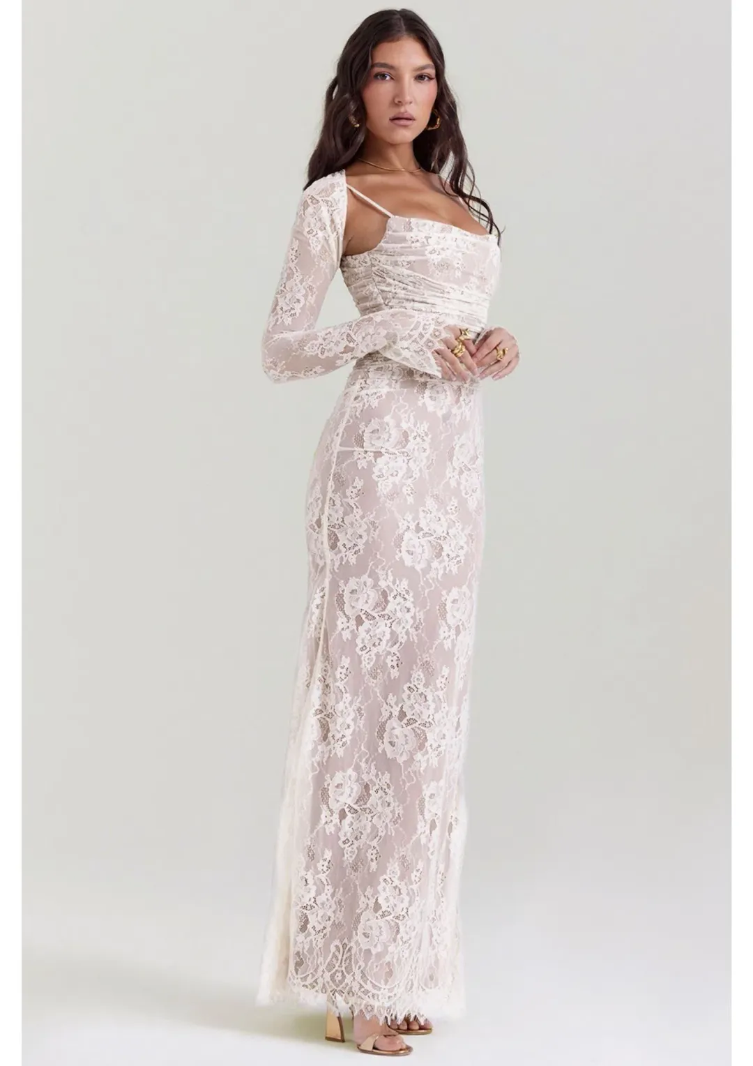 House of CB Artemis Lace Maxi Dress in Vintage Cream Size M / AU 10 (Bigger Cup) for rent on The Volte - main image