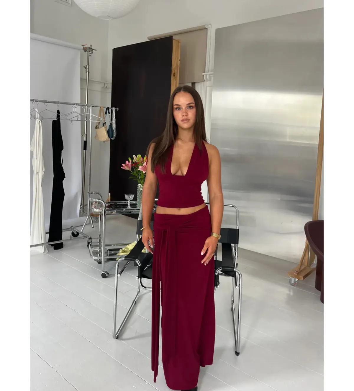 LaMarie Sofia Halter Top and Low Rise Sash Maxi Skirt Set Wine Size S/ 8 for rent on The Volte - main image