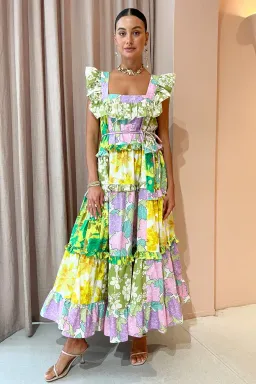 Alemais Elora Patchwork Tiered Multi Print Midi Dress Size 14 for rent on The Volte - image 1