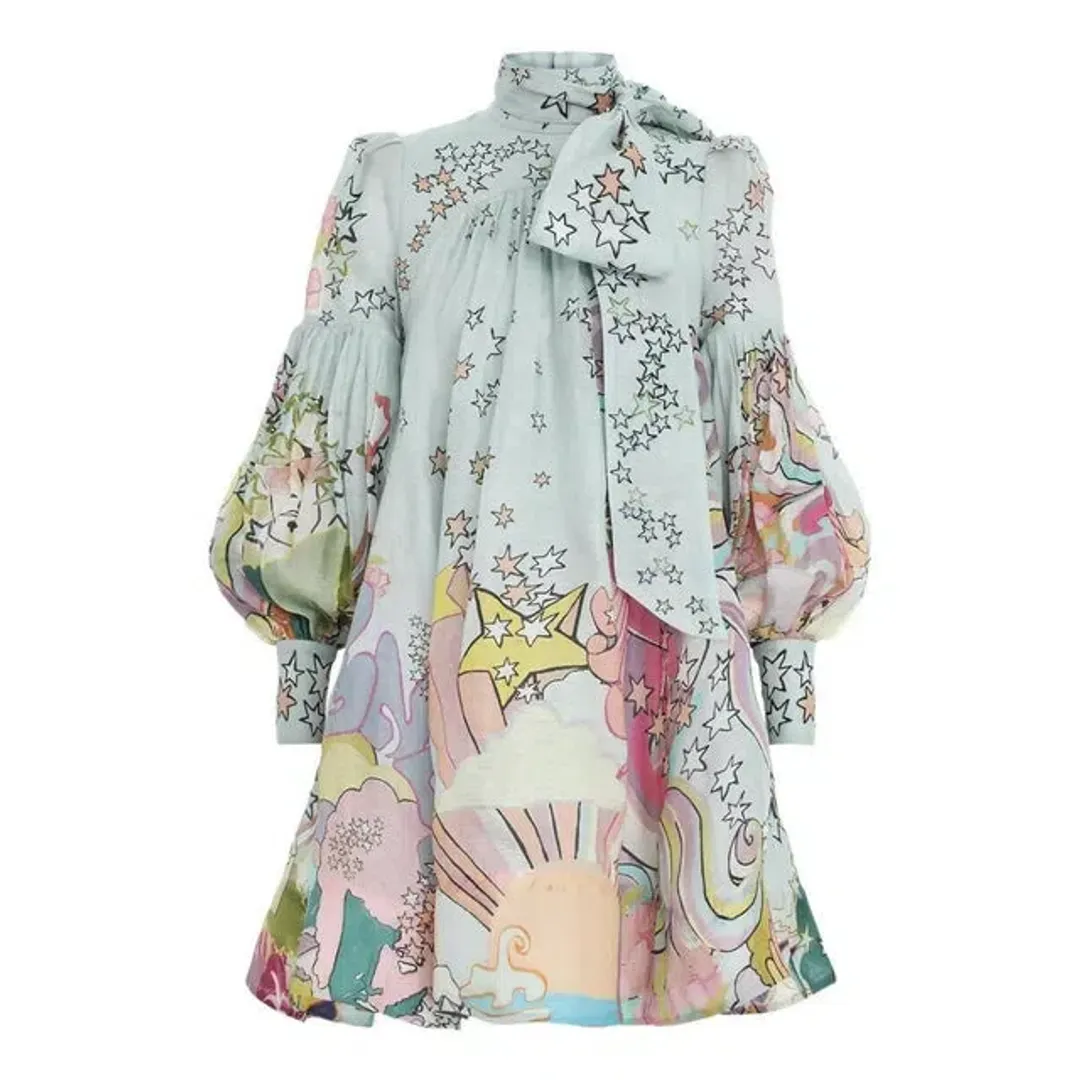 Zimmermann Concert Tie Neck Mini Dress Print Size AU 12 for rent on The Volte - main image