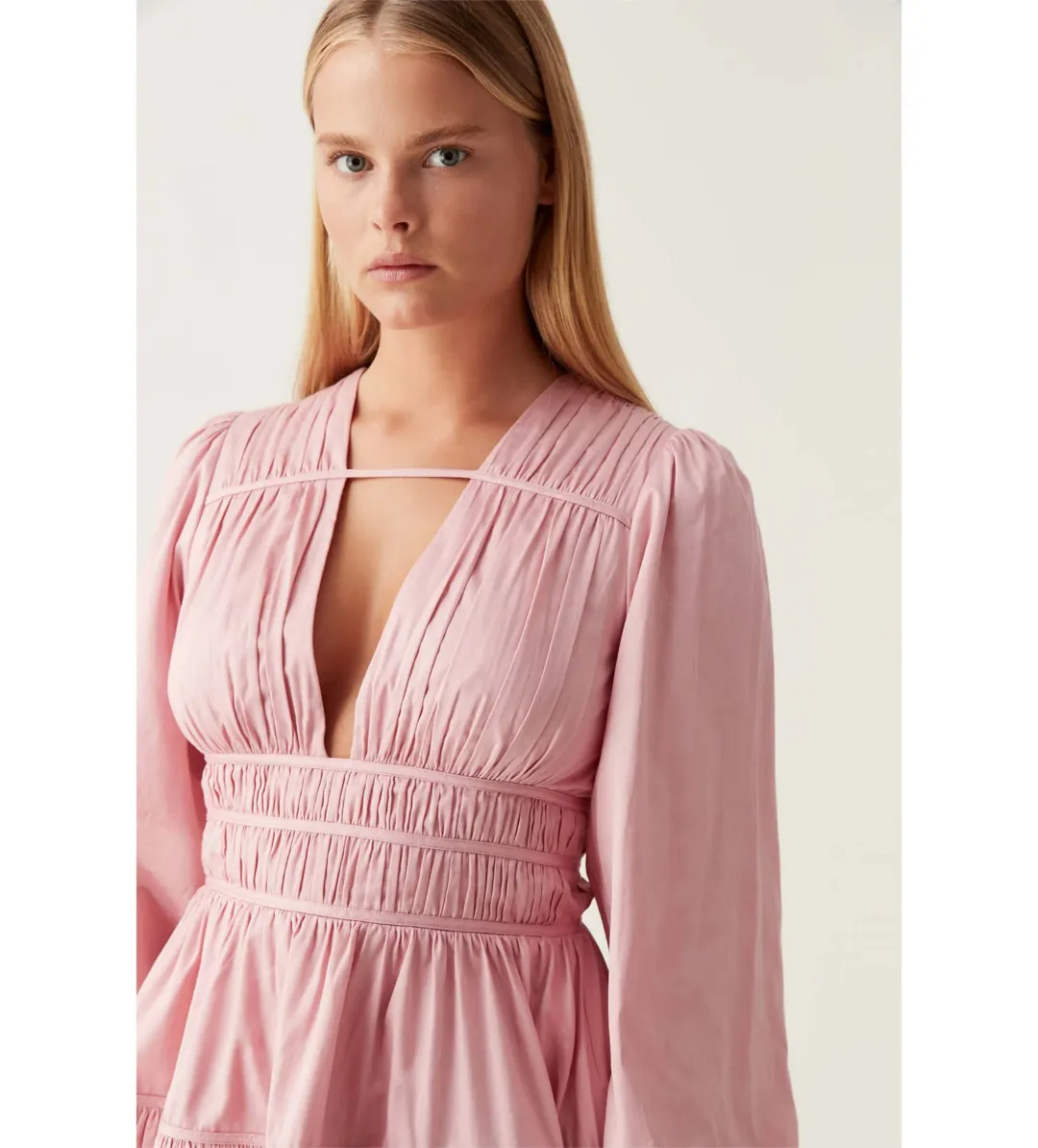 Aje Fallingwater Gathered Mini Dress in Powder Pink Size S / AU 8 for rent on The Volte - main image