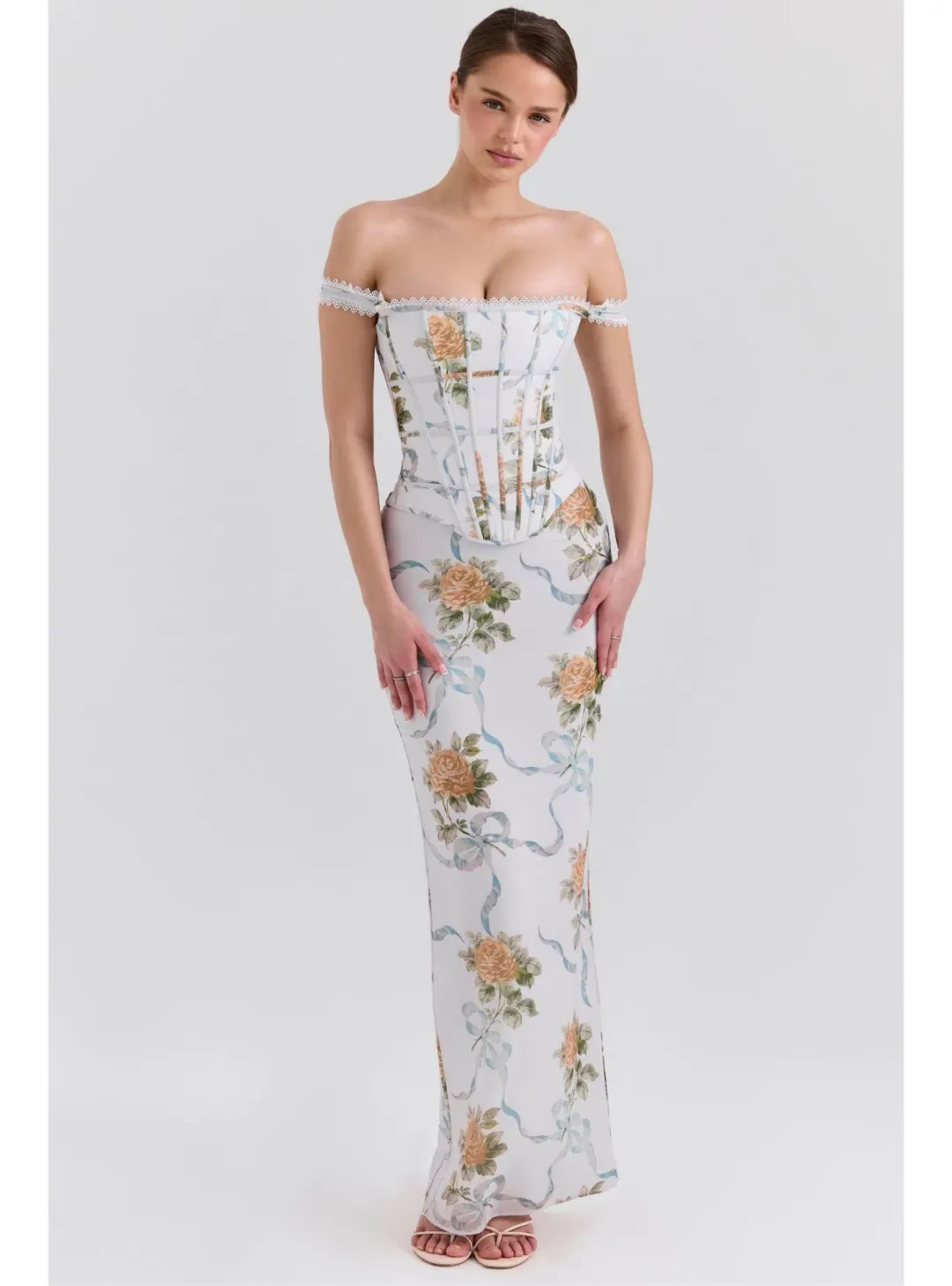 House of CB Isis Corset Maxi Dress in Soft Blue Vintage Print Size S / AU 8 for rent on The Volte - main image