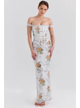 House of CB Isis Corset Maxi Dress in Soft Blue Vintage Print Size S / AU 8 for rent on The Volte - image 1