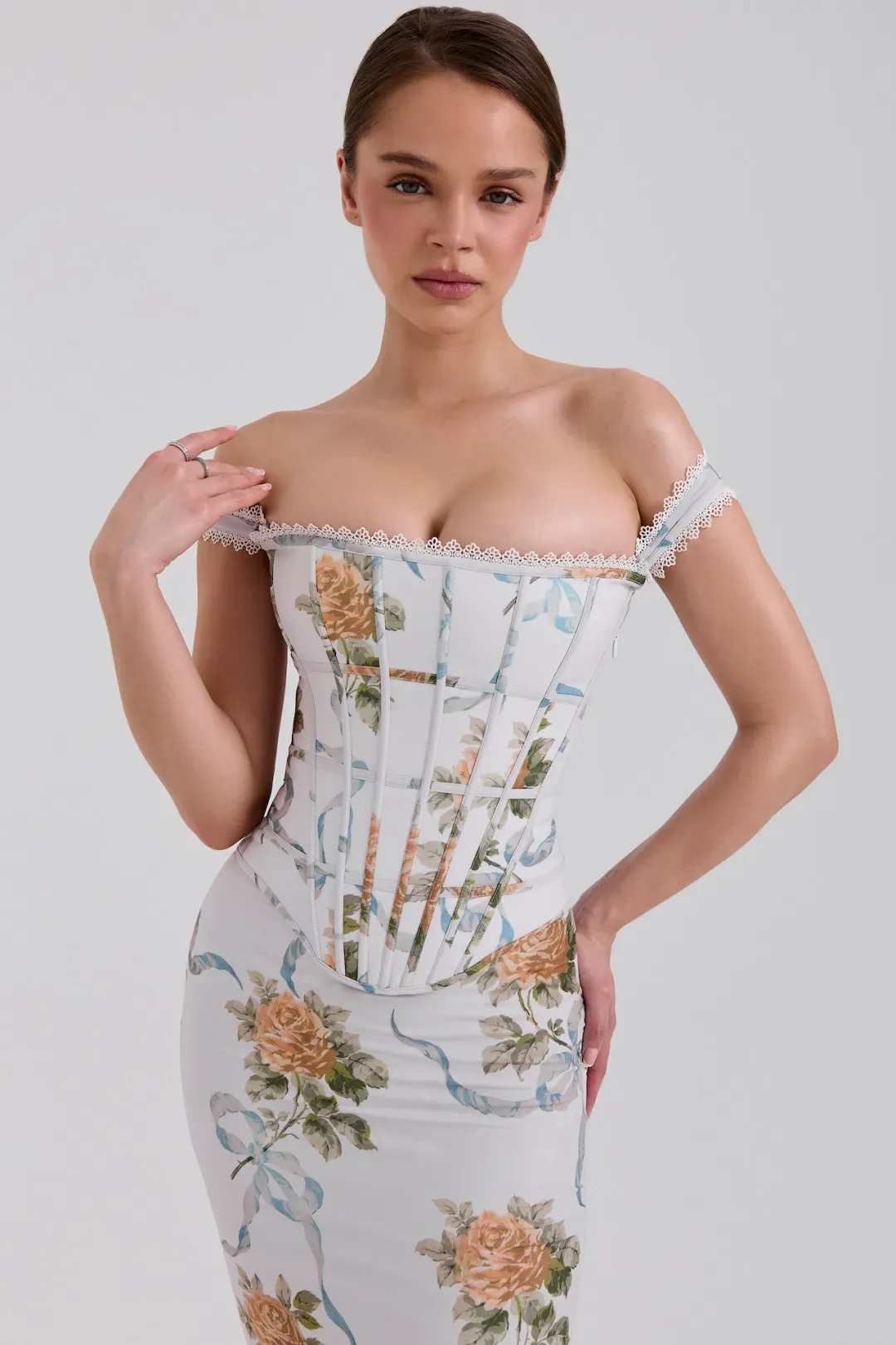 House of CB Isis Corset Maxi Dress in Soft Blue Vintage Print Size S / AU 8 for rent on The Volte - main image