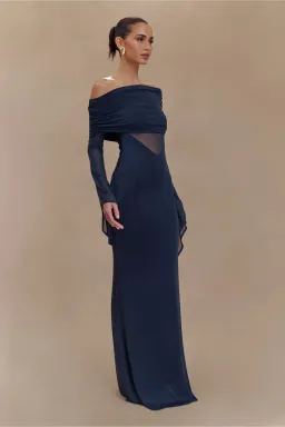 MESHKI Kaitlin One Shoulder Slinky And Mesh Maxi Dress Midnight Blue Size S / Size AU 8 for rent on The Volte - image 3