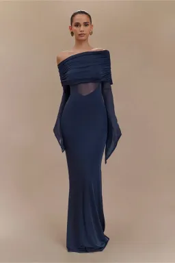 MESHKI Kaitlin One Shoulder Slinky And Mesh Maxi Dress Midnight Blue Size S / Size AU 8 for rent on The Volte - image 1