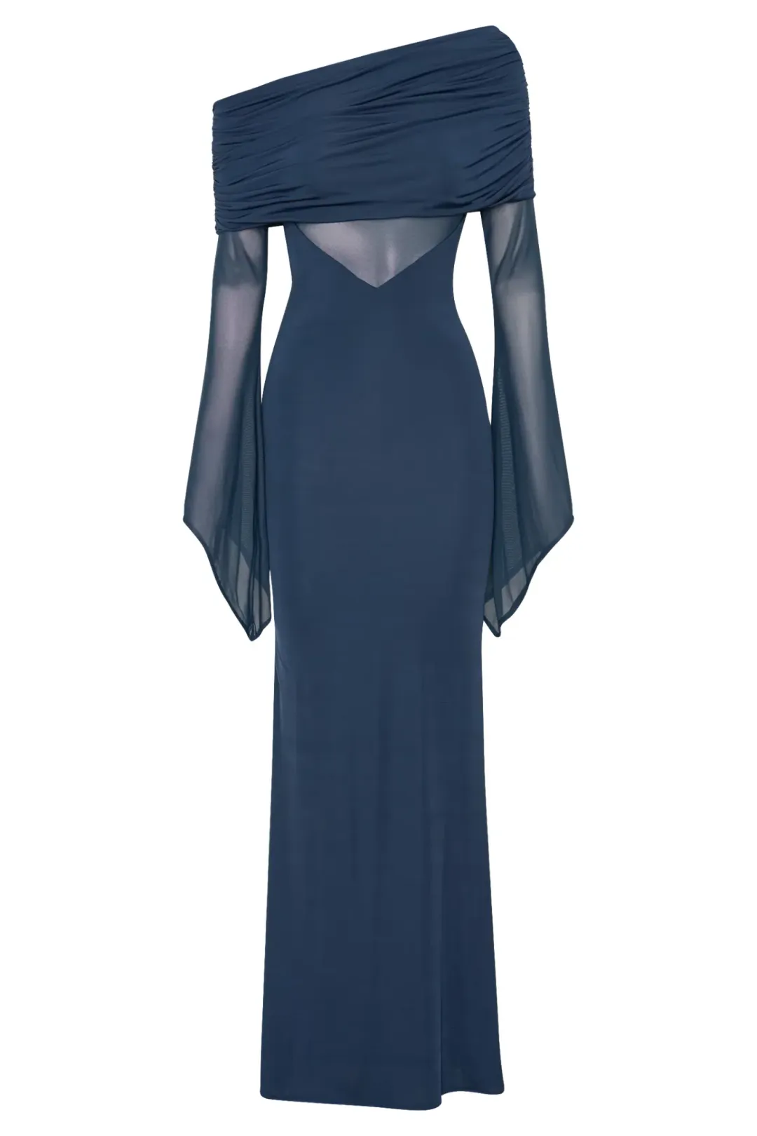 MESHKI Kaitlin One Shoulder Slinky And Mesh Maxi Dress Midnight Blue Size S / Size AU 8 for rent on The Volte - main image