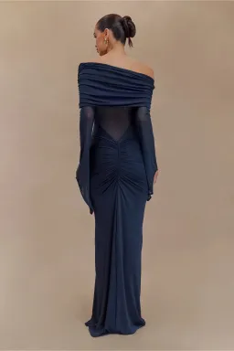 MESHKI Kaitlin One Shoulder Slinky And Mesh Maxi Dress Midnight Blue Size S / Size AU 8 for rent on The Volte - image 4