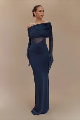 MESHKI Kaitlin One Shoulder Slinky And Mesh Maxi Dress Midnight Blue Size S / Size AU 8 for rent on The Volte - image 2