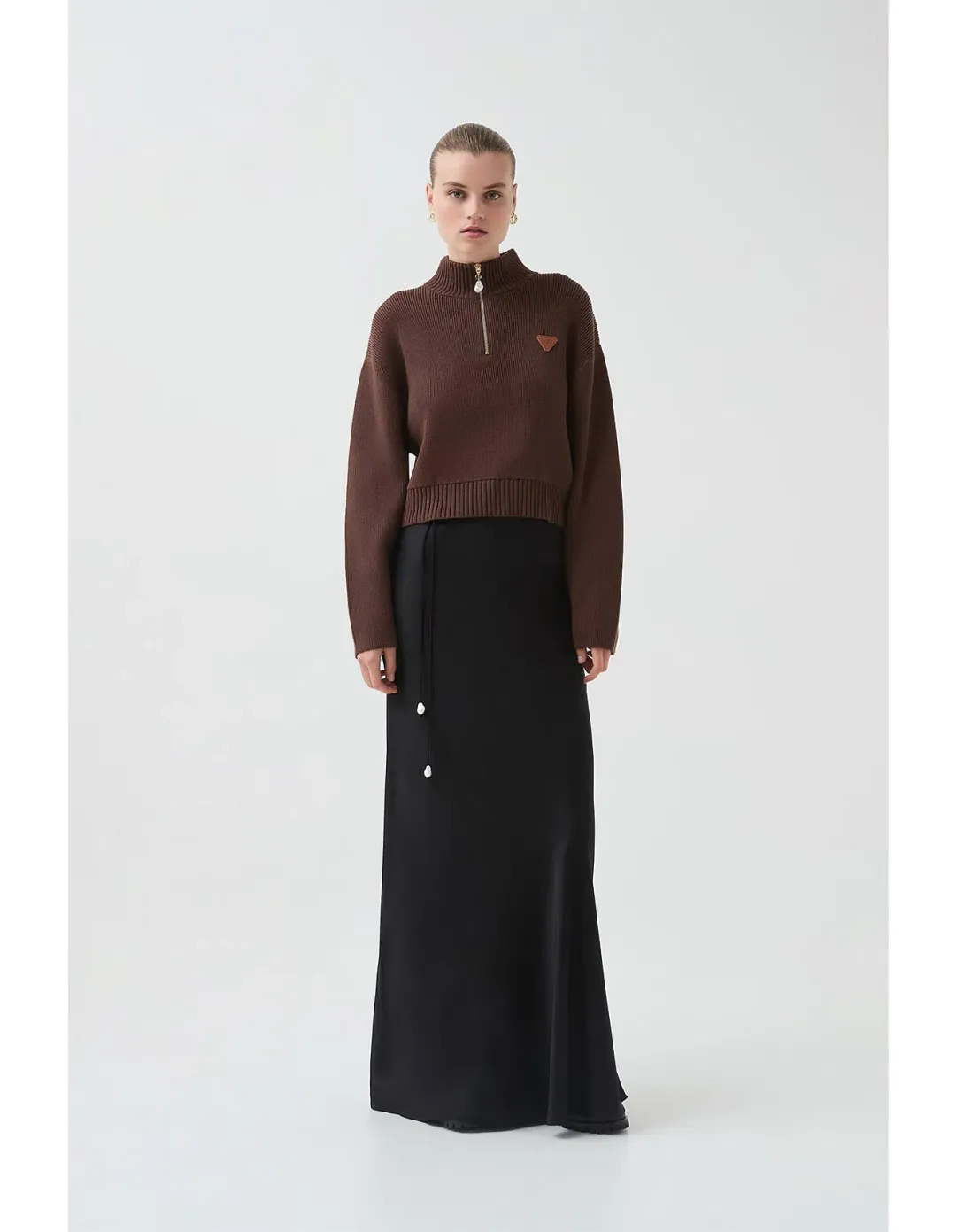 Aje Naia Quarter Zip Knit in Chocolate Brown Size for rent on The Volte - main image