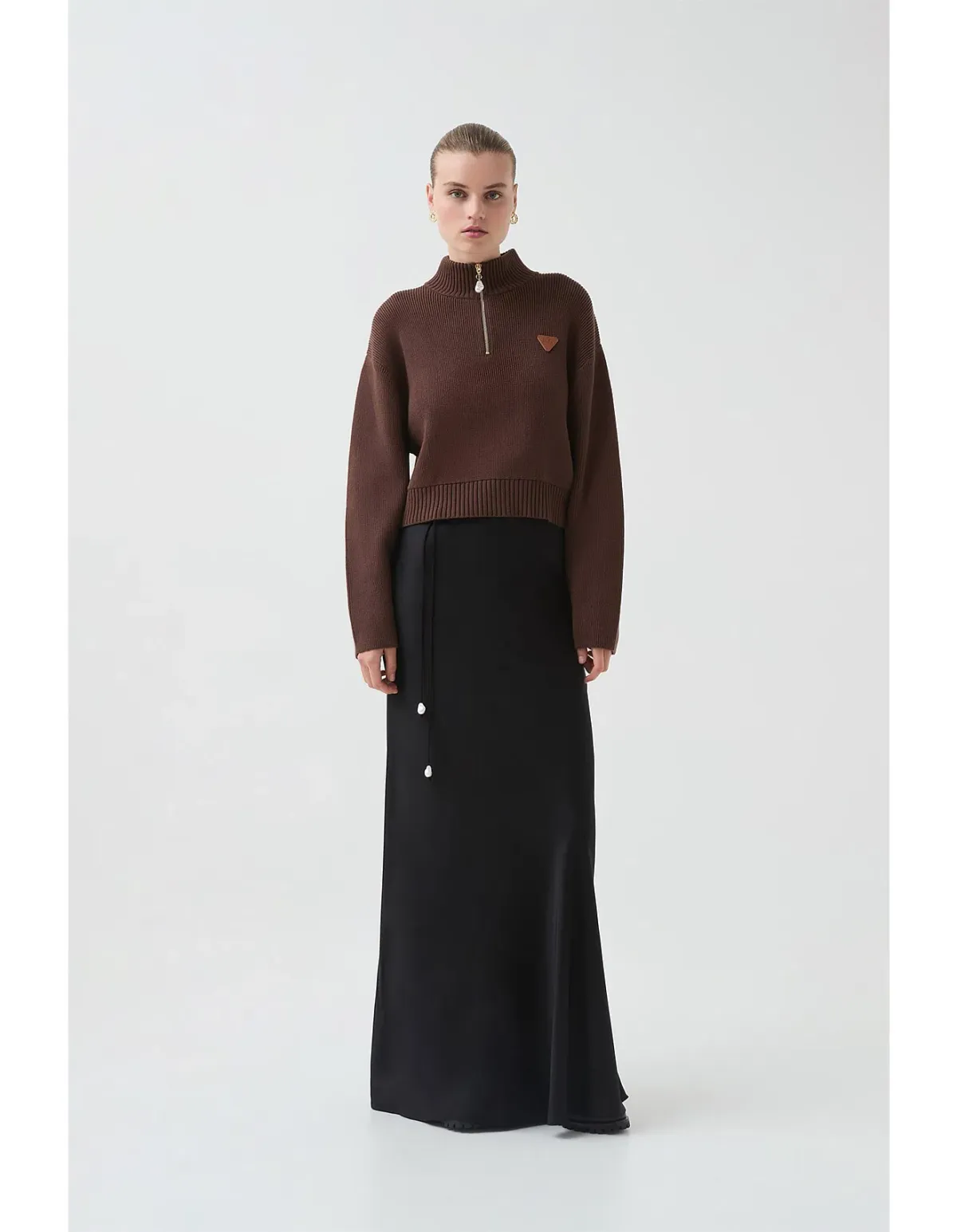 Aje Naia Quarter Zip Knit in Chocolate Brown Size for rent on The Volte - main image