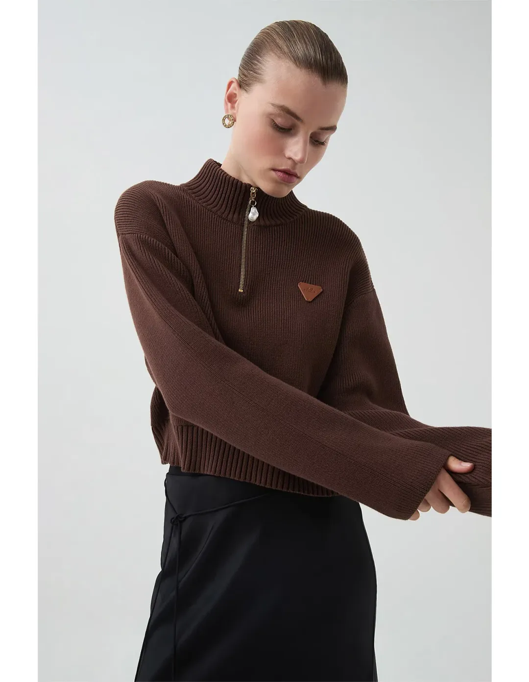 Aje Naia Quarter Zip Knit in Chocolate Brown Size for rent on The Volte - main image