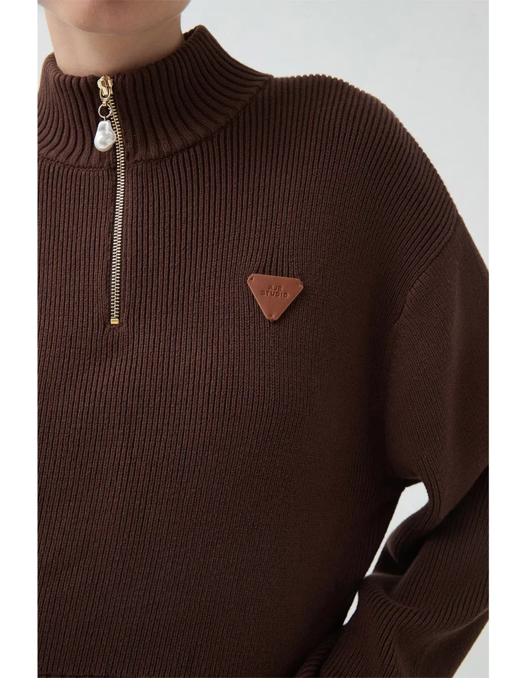 Aje Naia Quarter Zip Knit in Chocolate Brown Size for rent on The Volte - main image
