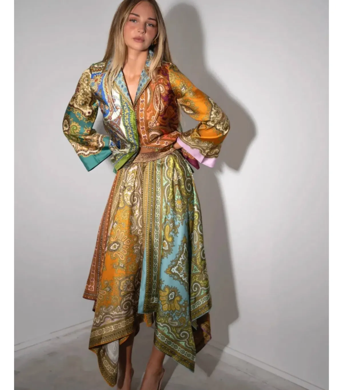 Alemais Clemenza Spliced Silk Shirt and Scarf Skirt Set Multi Size 8 - Image 4