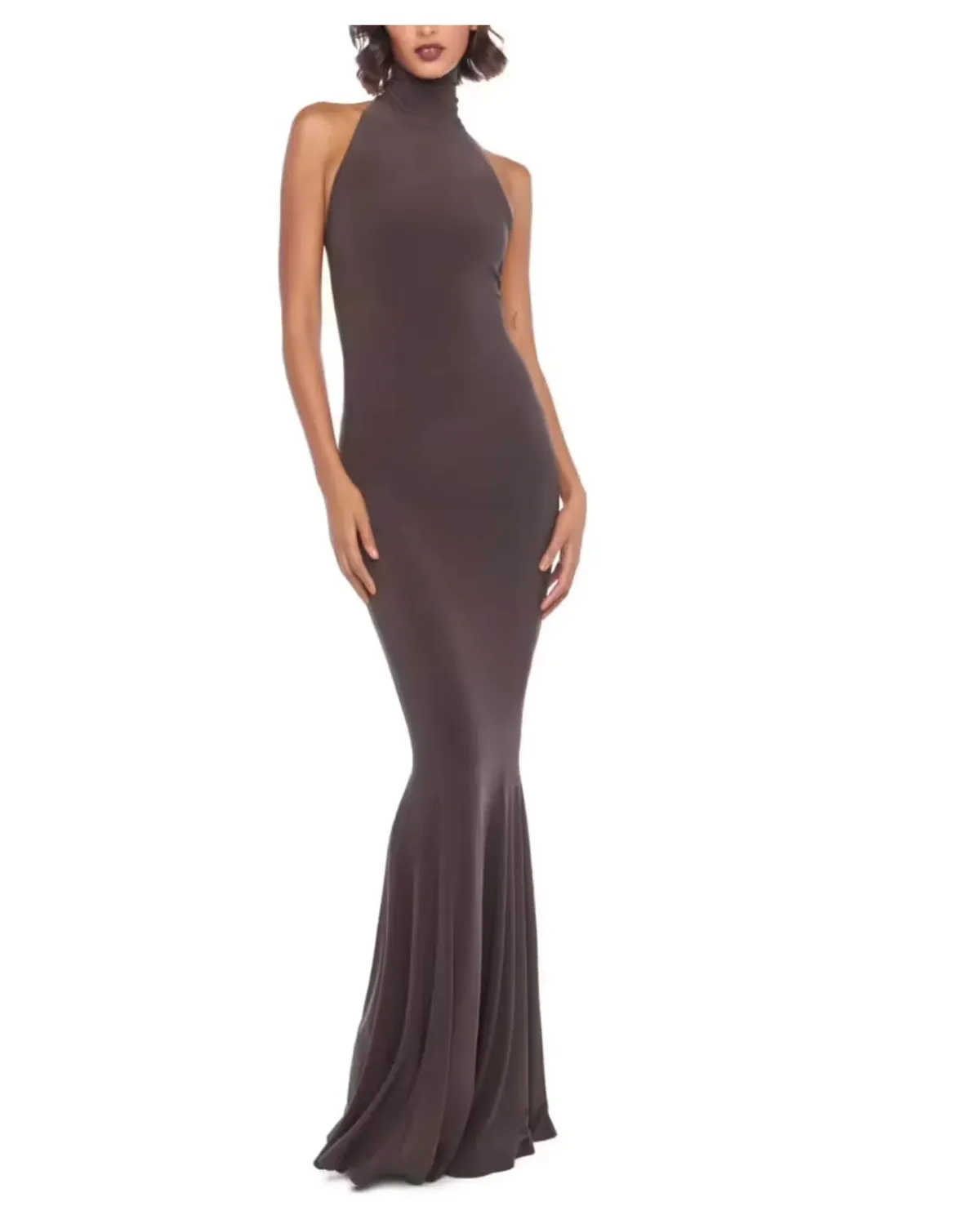 Norma Kamali Halter Turtle Fishtail Gown Brown Size 8 for rent on The Volte - main image