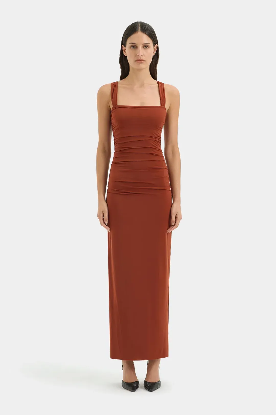 Sir the Label Rosseli The Rosseli Gathered Midi Dress in Rust Size 2/10 for rent on The Volte - main image
