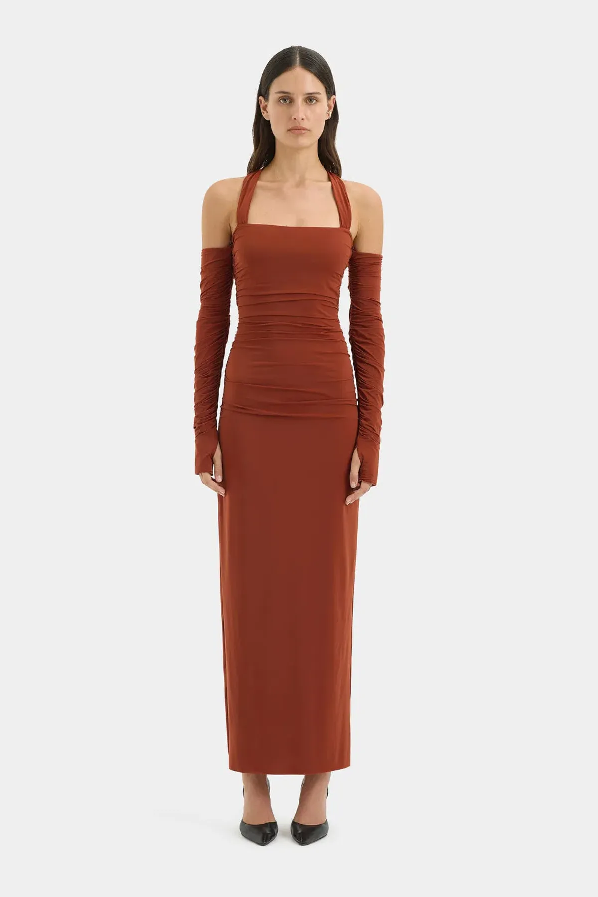Sir the Label Rosseli The Rosseli Gathered Midi Dress in Rust Size 2/10 for rent on The Volte - main image
