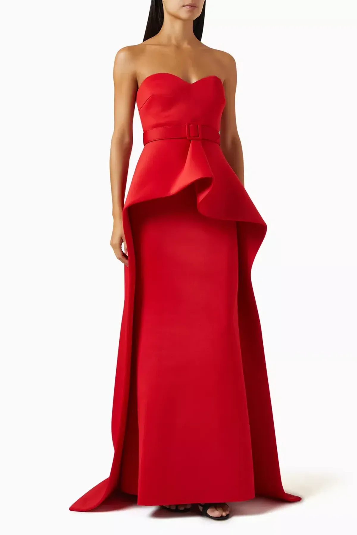 Badgley Mischka Strapless Elongated Peplum Gown in Scuba Red Size US 8 / AU 12 for rent on The Volte - main image